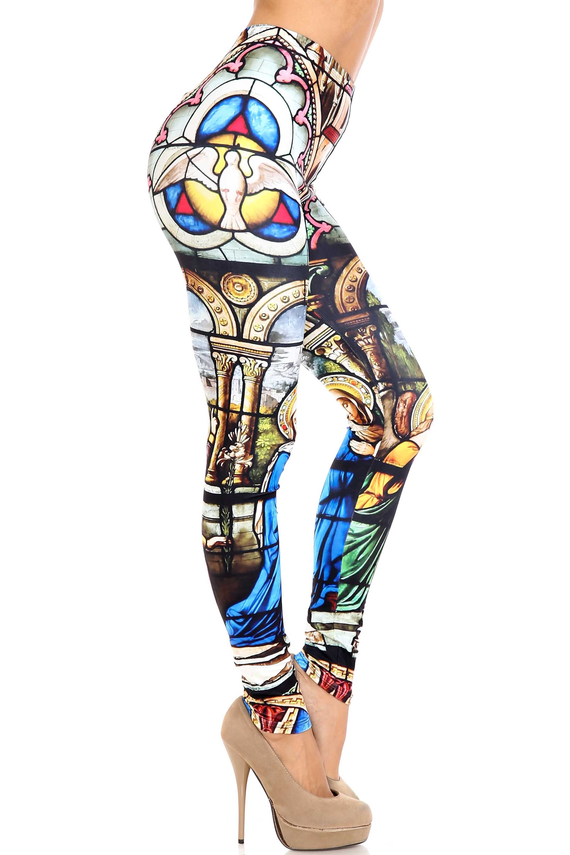 Plus Size - Creamy Soft Women's Laser Print Skin Smoothing Fashion Print Leggings - Stained Glass Cathedral