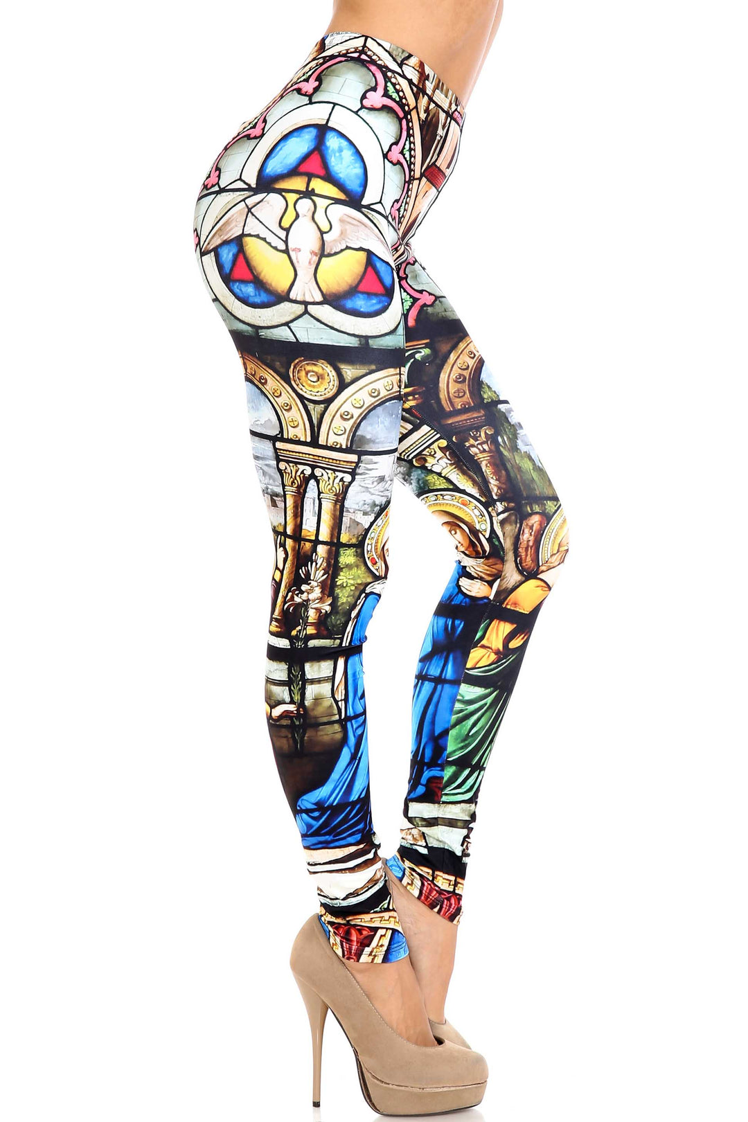 Plus Size - Creamy Soft Women's Laser Print Skin Smoothing Fashion Print Leggings - Stained Glass Cathedral