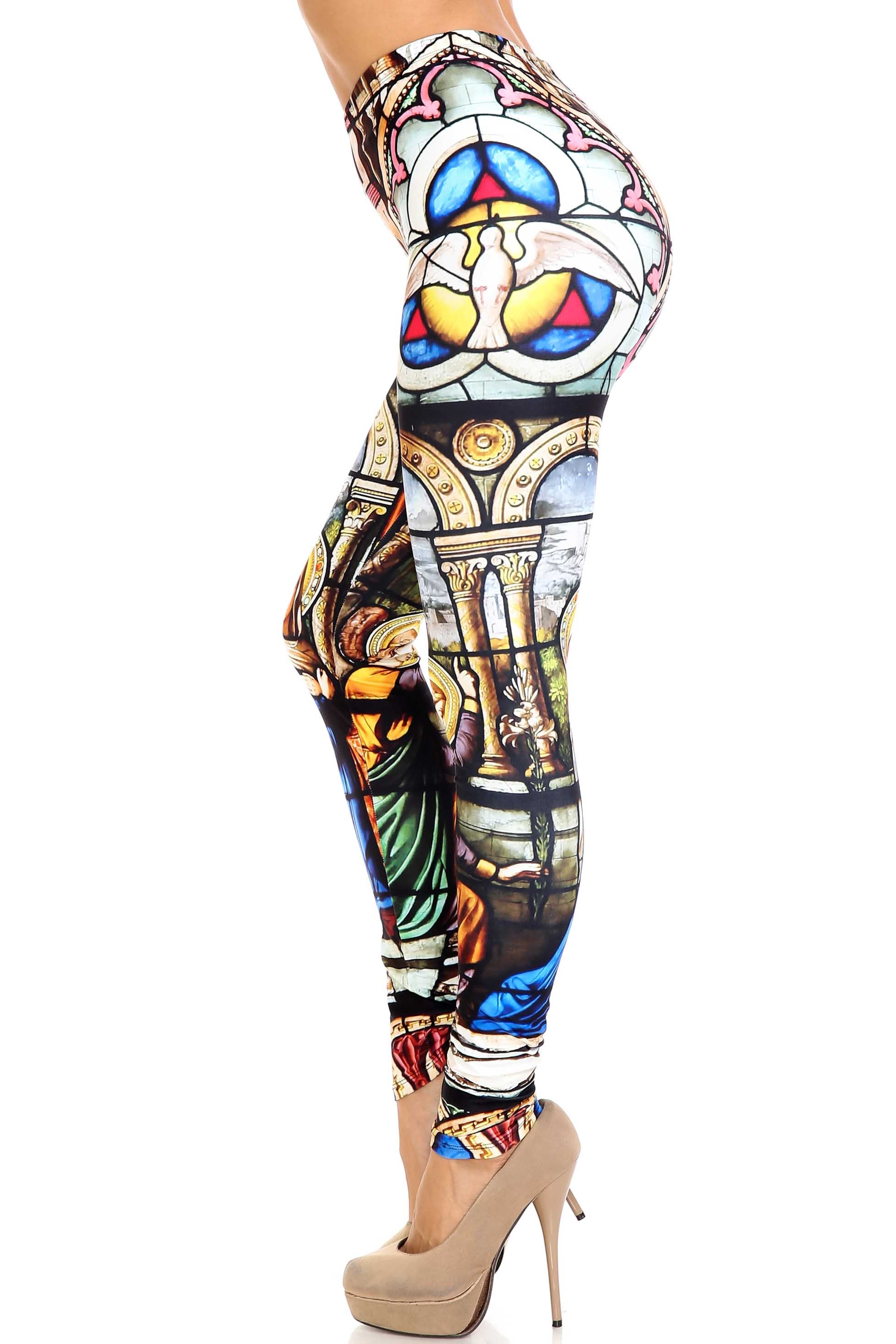 Plus Size - Creamy Soft Women's Laser Print Skin Smoothing Fashion Print Leggings - Stained Glass Cathedral