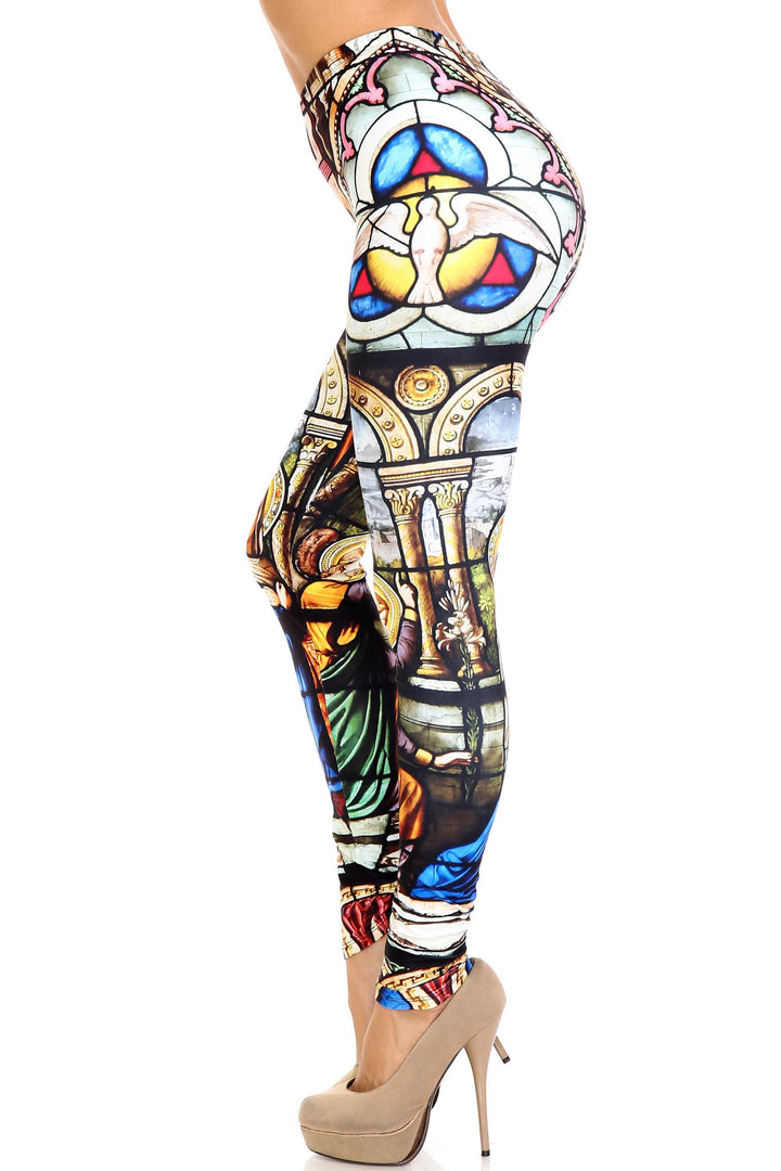 Plus Size - Creamy Soft Women's Laser Print Skin Smoothing Fashion Print Leggings - Stained Glass Cathedral
