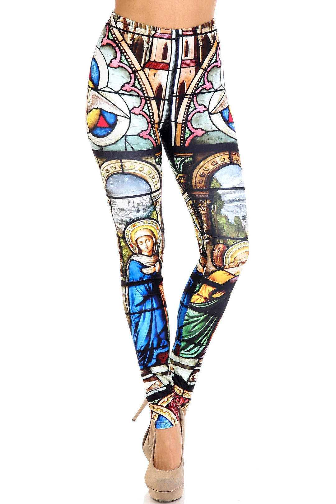 Plus Size - Creamy Soft Women's Laser Print Skin Smoothing Fashion Print Leggings - Stained Glass Cathedral