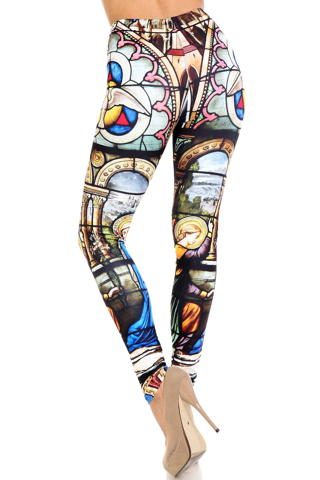 Plus Size - Creamy Soft Women's Laser Print Skin Smoothing Fashion Print Leggings - Stained Glass Cathedral