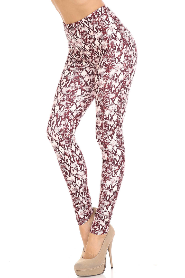 Plus Size - Creamy Soft Women's Laser Print Skin Smoothing Fashion Print Leggings - Crimson Snakeskin