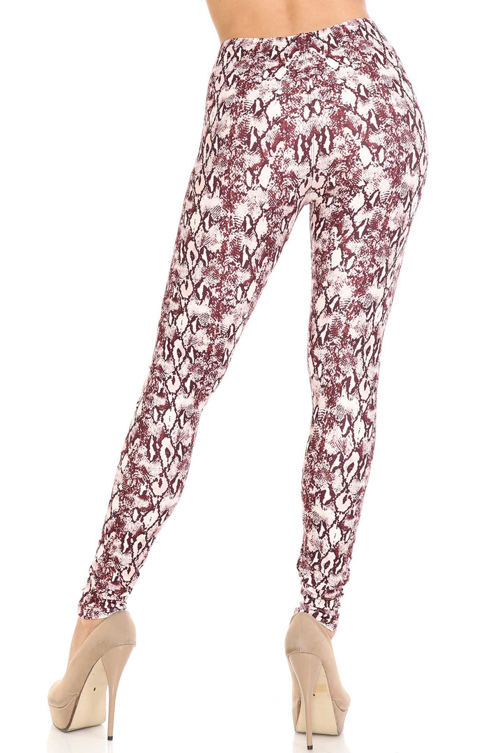 Plus Size - Creamy Soft Women's Laser Print Skin Smoothing Fashion Print Leggings - Crimson Snakeskin
