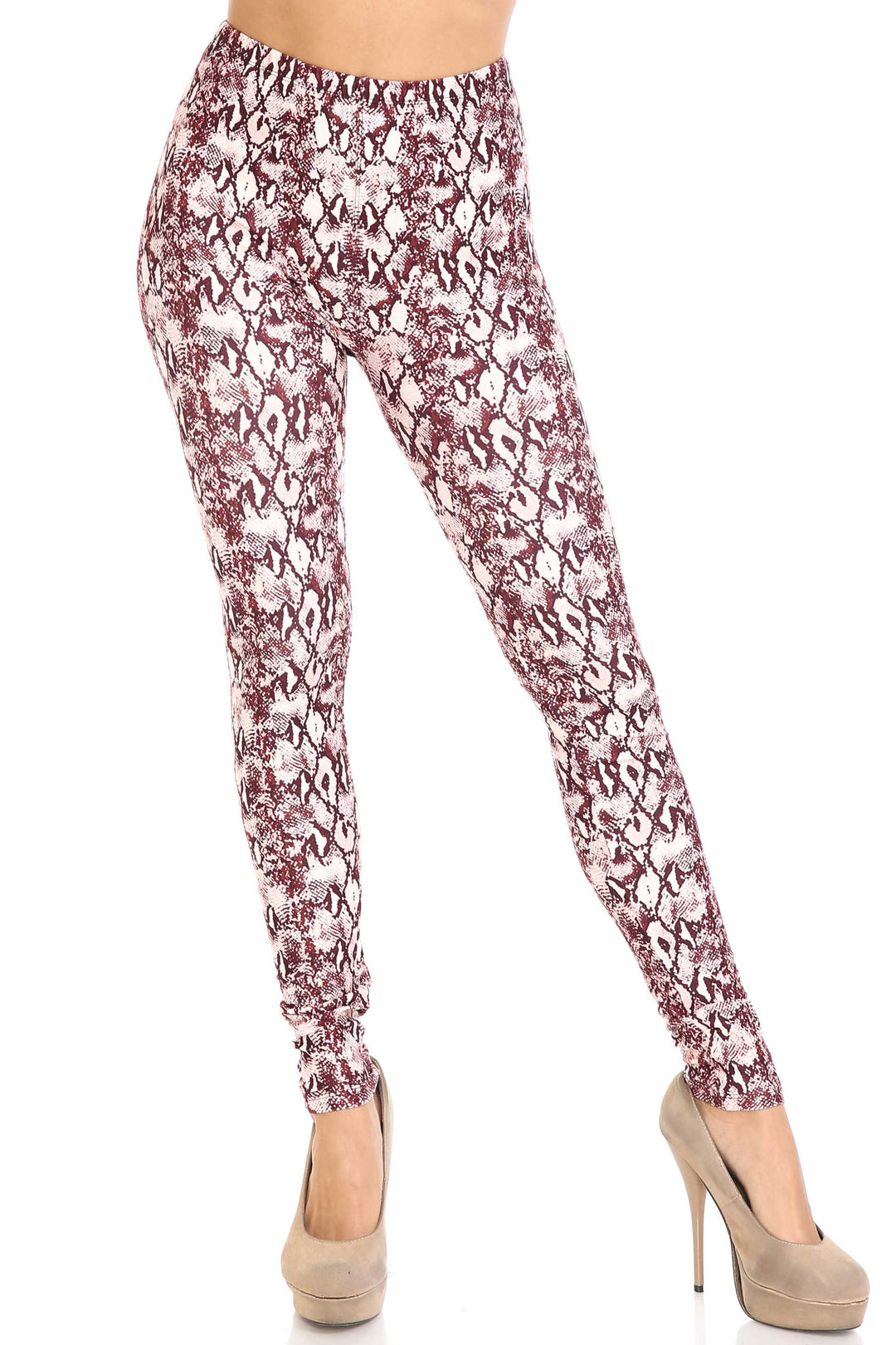 Plus Size - Creamy Soft Women's Laser Print Skin Smoothing Fashion Print Leggings - Crimson Snakeskin