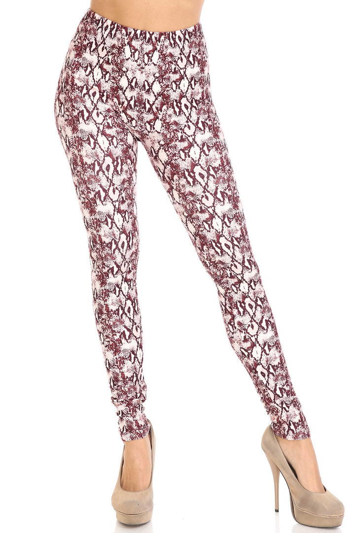 Plus Size - Creamy Soft Women's Laser Print Skin Smoothing Fashion Print Leggings - Crimson Snakeskin