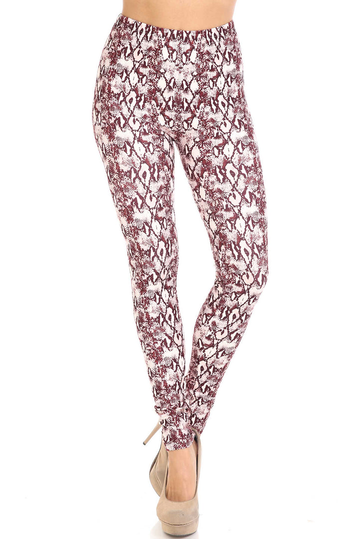 Plus Size - Creamy Soft Women's Laser Print Skin Smoothing Fashion Print Leggings - Crimson Snakeskin