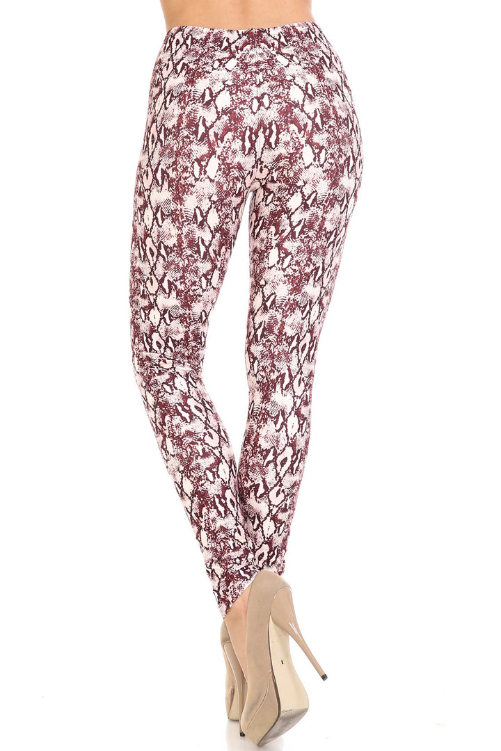 Plus Size - Creamy Soft Women's Laser Print Skin Smoothing Fashion Print Leggings - Crimson Snakeskin
