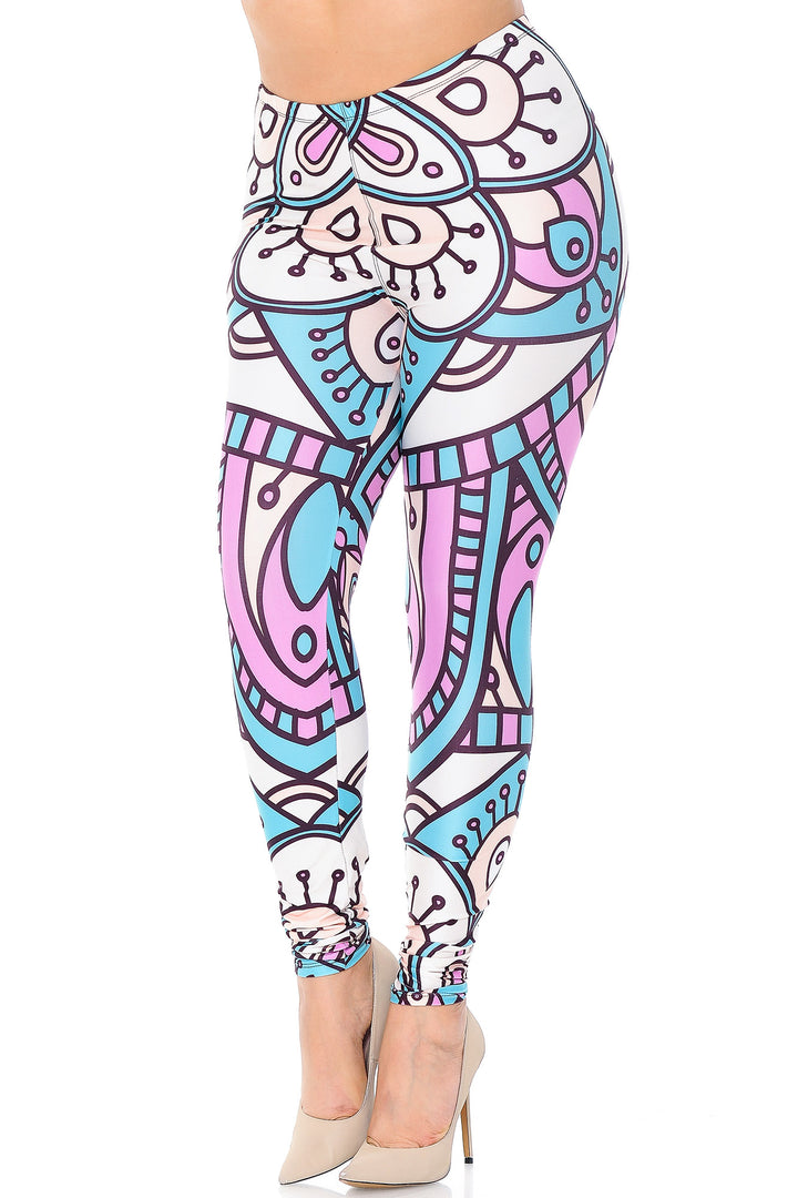 Plus Size - Creamy Soft Women's Laser Print Skin Smoothing Fashion Print Leggings - Cute Mandala