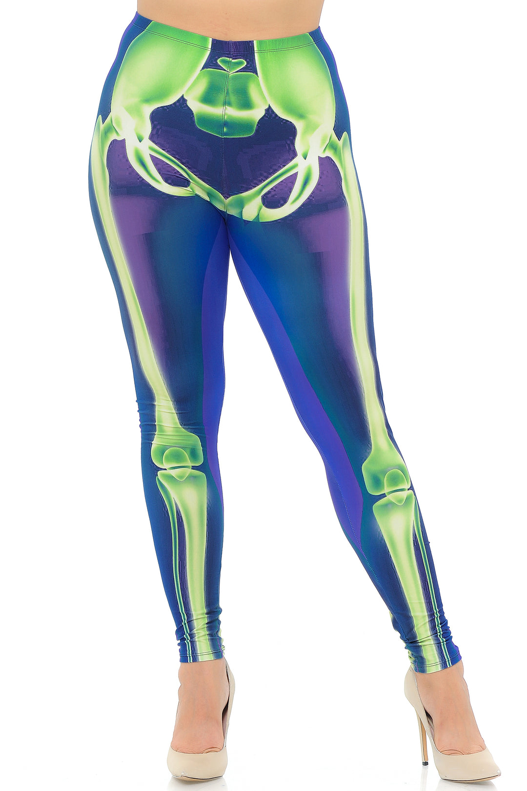 Plus Size - Creamy Soft Women's Laser Print Skin Smoothing Fashion Print Leggings - Cyan Blue Skeleton Bones
