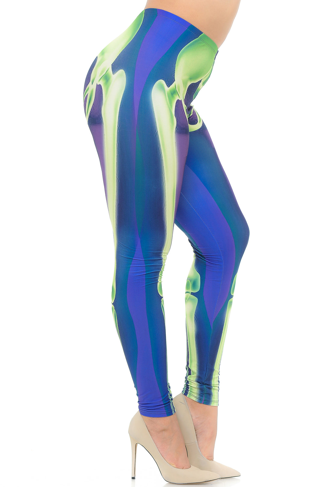 Plus Size - Creamy Soft Women's Laser Print Skin Smoothing Fashion Print Leggings - Cyan Blue Skeleton Bones