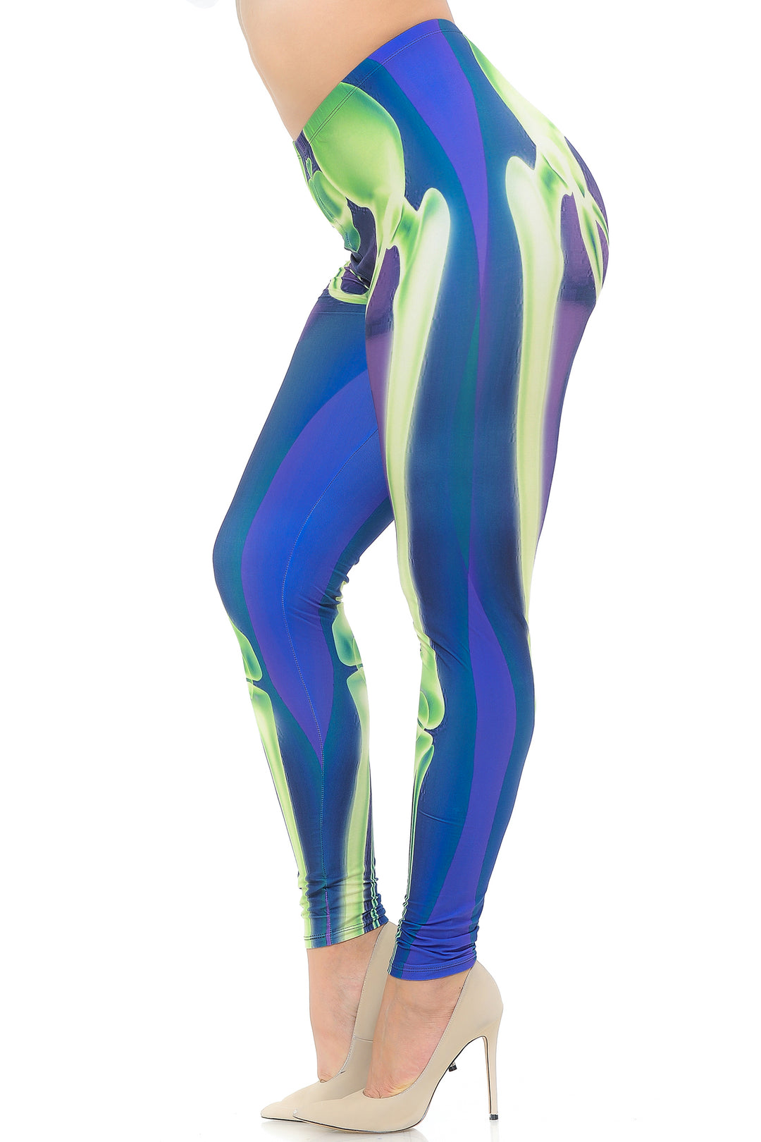 Plus Size - Creamy Soft Women's Laser Print Skin Smoothing Fashion Print Leggings - Cyan Blue Skeleton Bones