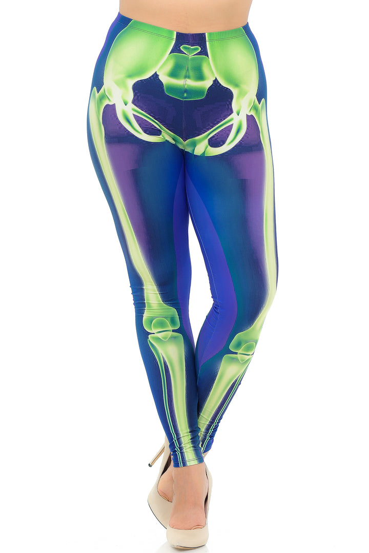 Plus Size - Creamy Soft Women's Laser Print Skin Smoothing Fashion Print Leggings - Cyan Blue Skeleton Bones