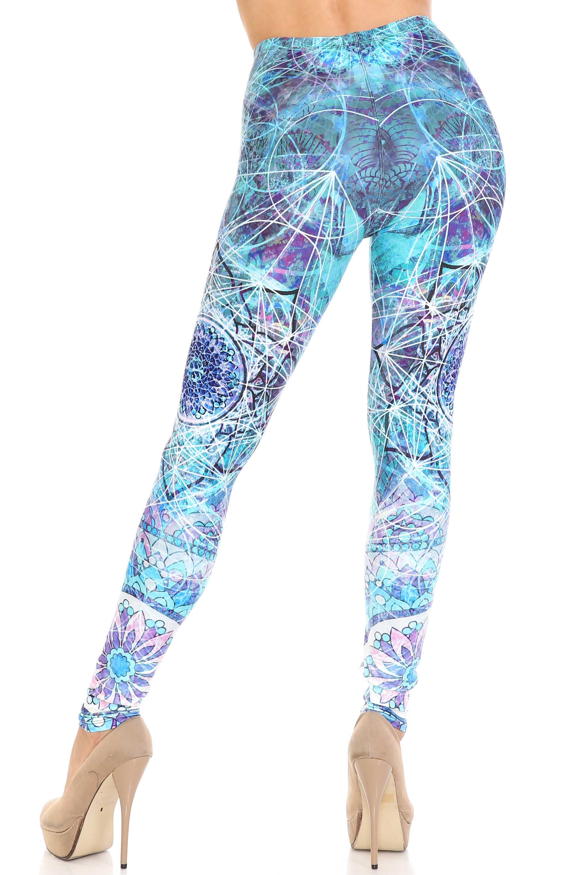 Plus Size - Creamy Soft Women's Laser Print Skin Smoothing Fashion Print Leggings - Cyan Mandala