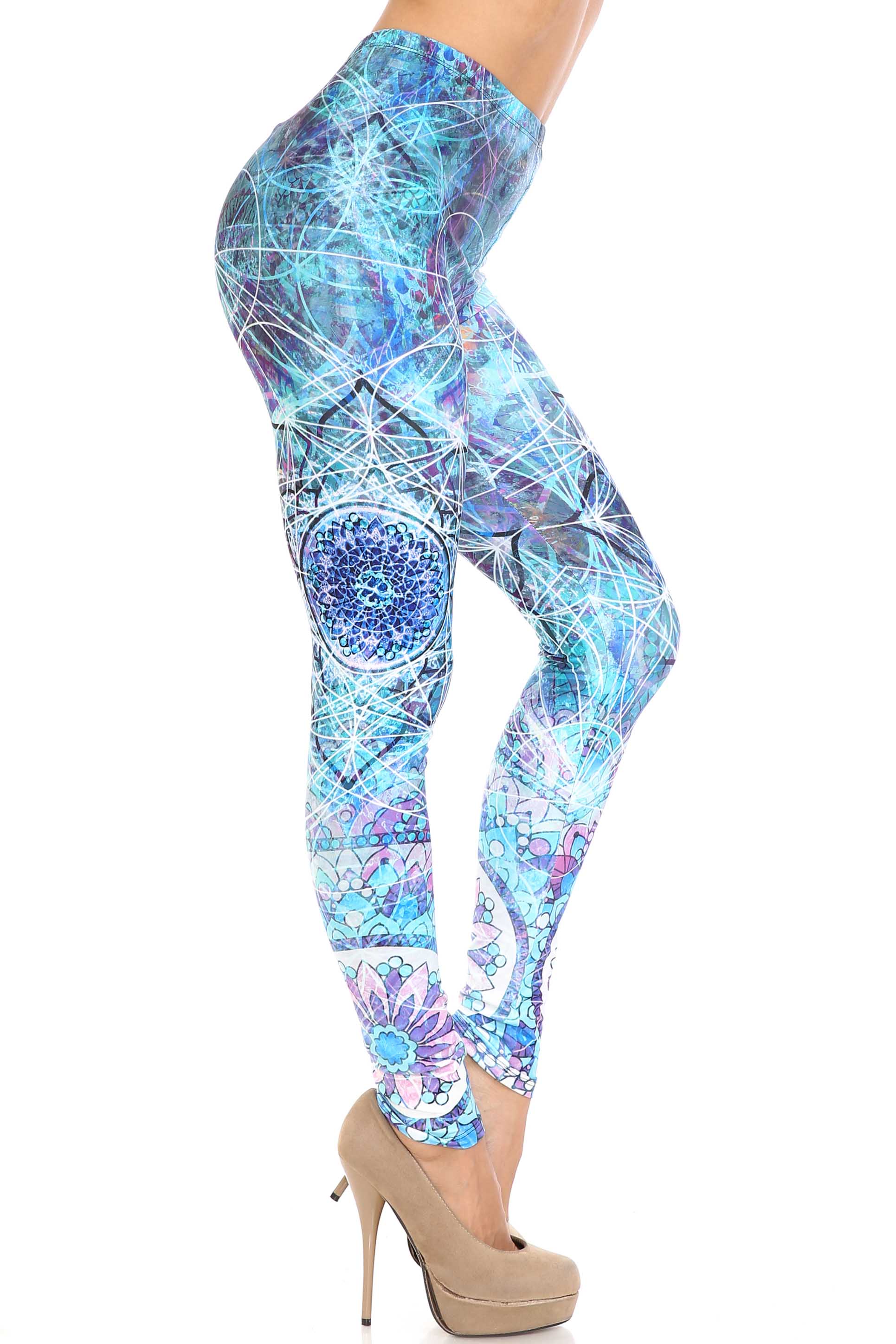Plus Size - Creamy Soft Women's Laser Print Skin Smoothing Fashion Print Leggings - Cyan Mandala