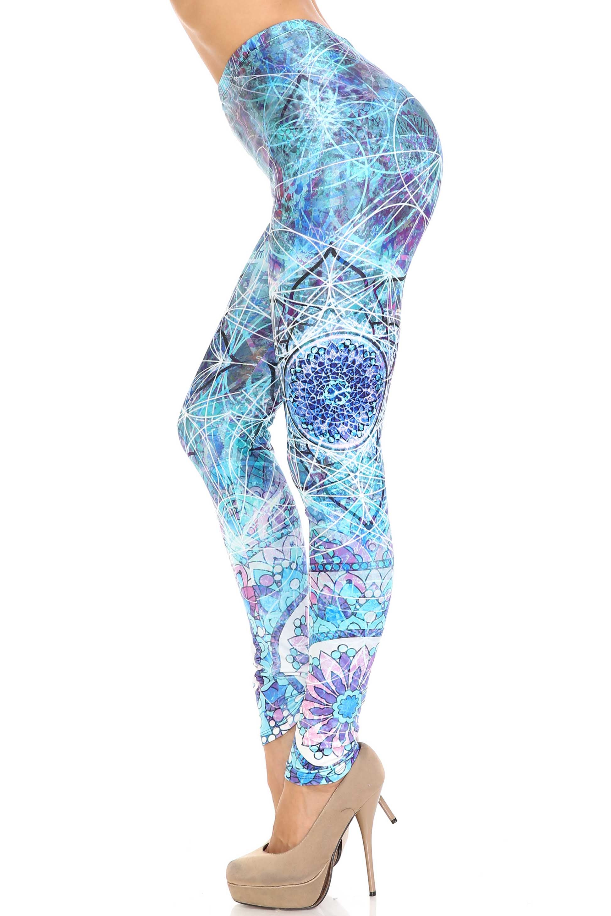 Plus Size - Creamy Soft Women's Laser Print Skin Smoothing Fashion Print Leggings - Cyan Mandala