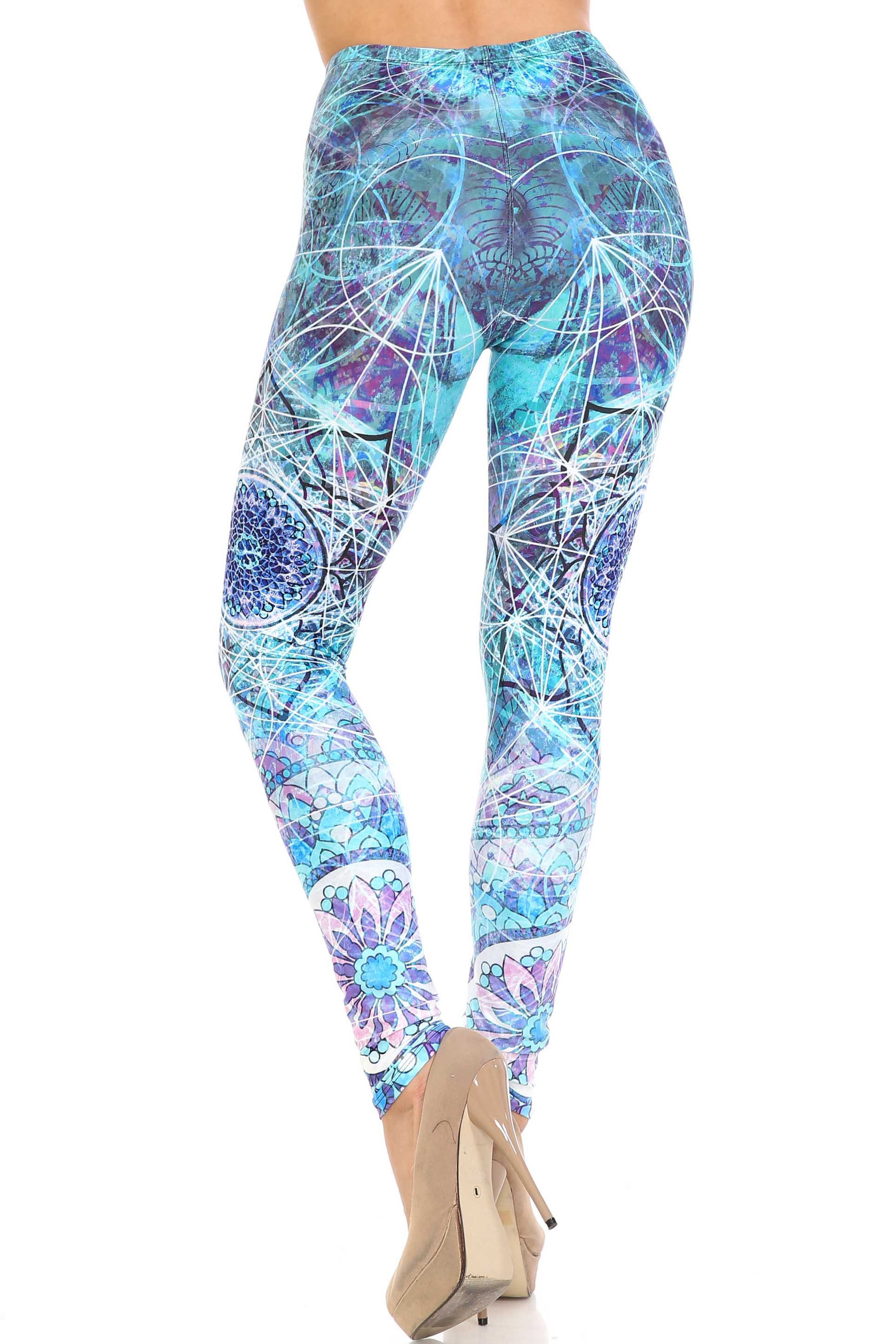 Plus Size - Creamy Soft Women's Laser Print Skin Smoothing Fashion Print Leggings - Cyan Mandala