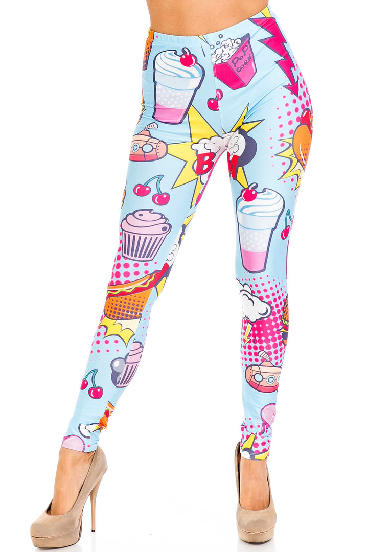 Creamy Soft Premium Women's Leggings Fast Food Comic Plus Size, High Rise, Stretchy & Breathable, Comfortable Fit - by USA Fashion