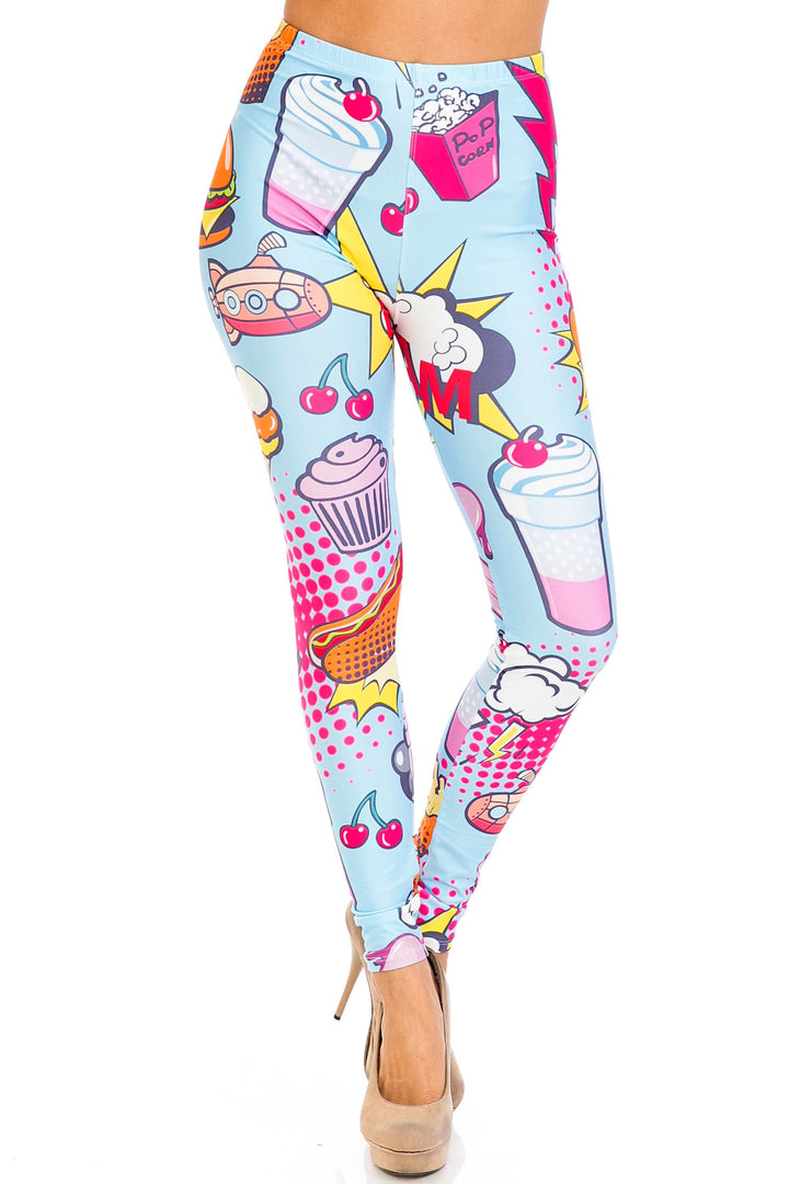 Creamy Soft Premium Women's Leggings Fast Food Comic Plus Size, High Rise, Stretchy & Breathable, Comfortable Fit - by USA Fashion