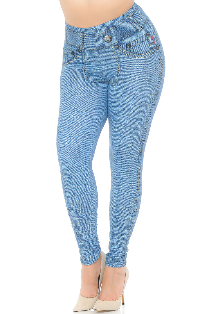 Creamy Soft Premium Women's Leggings Beautiful Blue Jean Plus Size, High Rise, Stretchy & Breathable, Comfortable Fit - by USA Fashion
