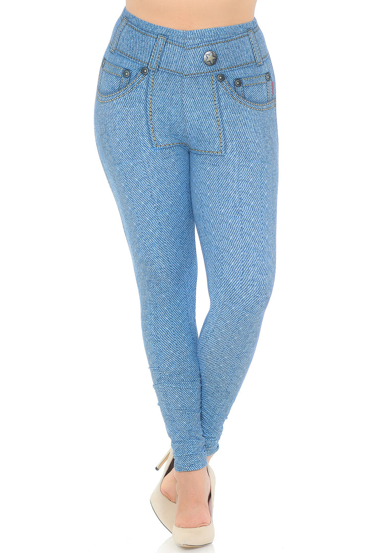Creamy Soft Premium Women's Leggings Beautiful Blue Jean Plus Size, High Rise, Stretchy & Breathable, Comfortable Fit - by USA Fashion