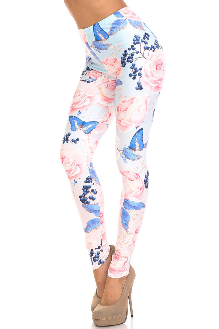 Creamy Soft Premium Women's Leggings Butterflies and Jumbo Pink Roses Plus Size, High Rise, Stretchy & Breathable, Comfortable Fit - by USA Fashion