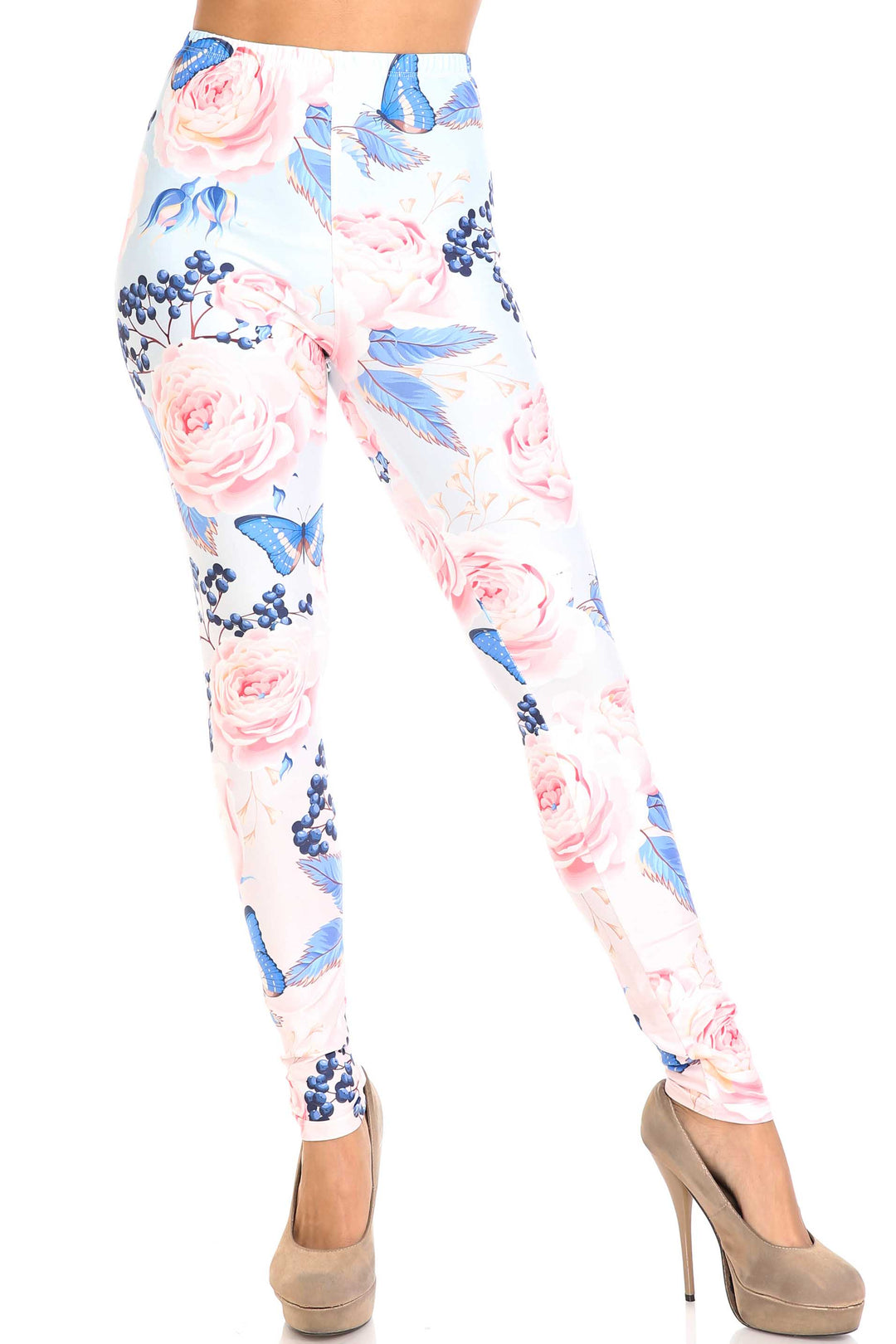 Creamy Soft Premium Women's Leggings Butterflies and Jumbo Pink Roses Plus Size, High Rise, Stretchy & Breathable, Comfortable Fit - by USA Fashion