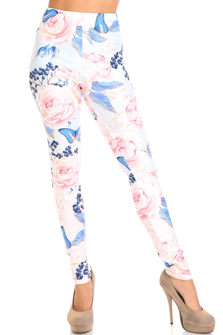 Creamy Soft Premium Women's Leggings Butterflies and Jumbo Pink Roses Plus Size, High Rise, Stretchy & Breathable, Comfortable Fit - by USA Fashion
