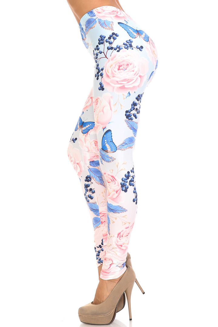 Creamy Soft Premium Women's Leggings Butterflies and Jumbo Pink Roses Plus Size, High Rise, Stretchy & Breathable, Comfortable Fit - by USA Fashion
