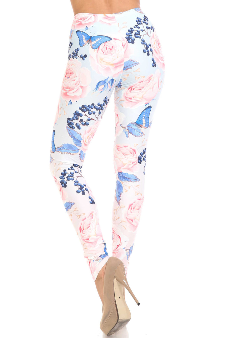 Creamy Soft Premium Women's Leggings Butterflies and Jumbo Pink Roses Plus Size, High Rise, Stretchy & Breathable, Comfortable Fit - by USA Fashion