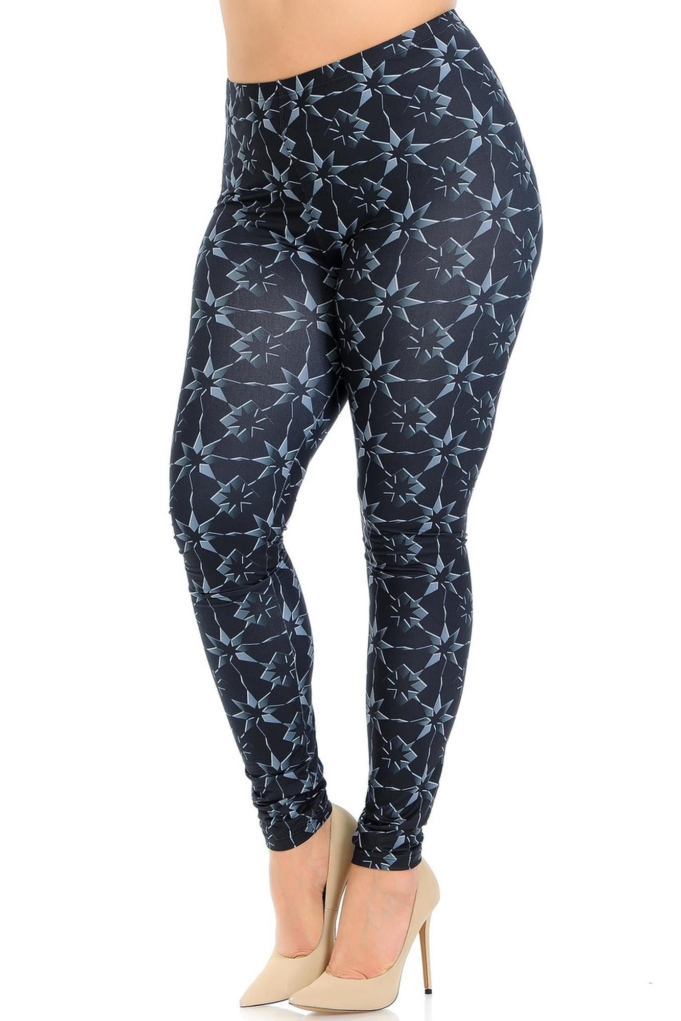 Plus Size - Creamy Soft Women's Laser Print Skin Smoothing Fashion Print Leggings - Metallic Stars