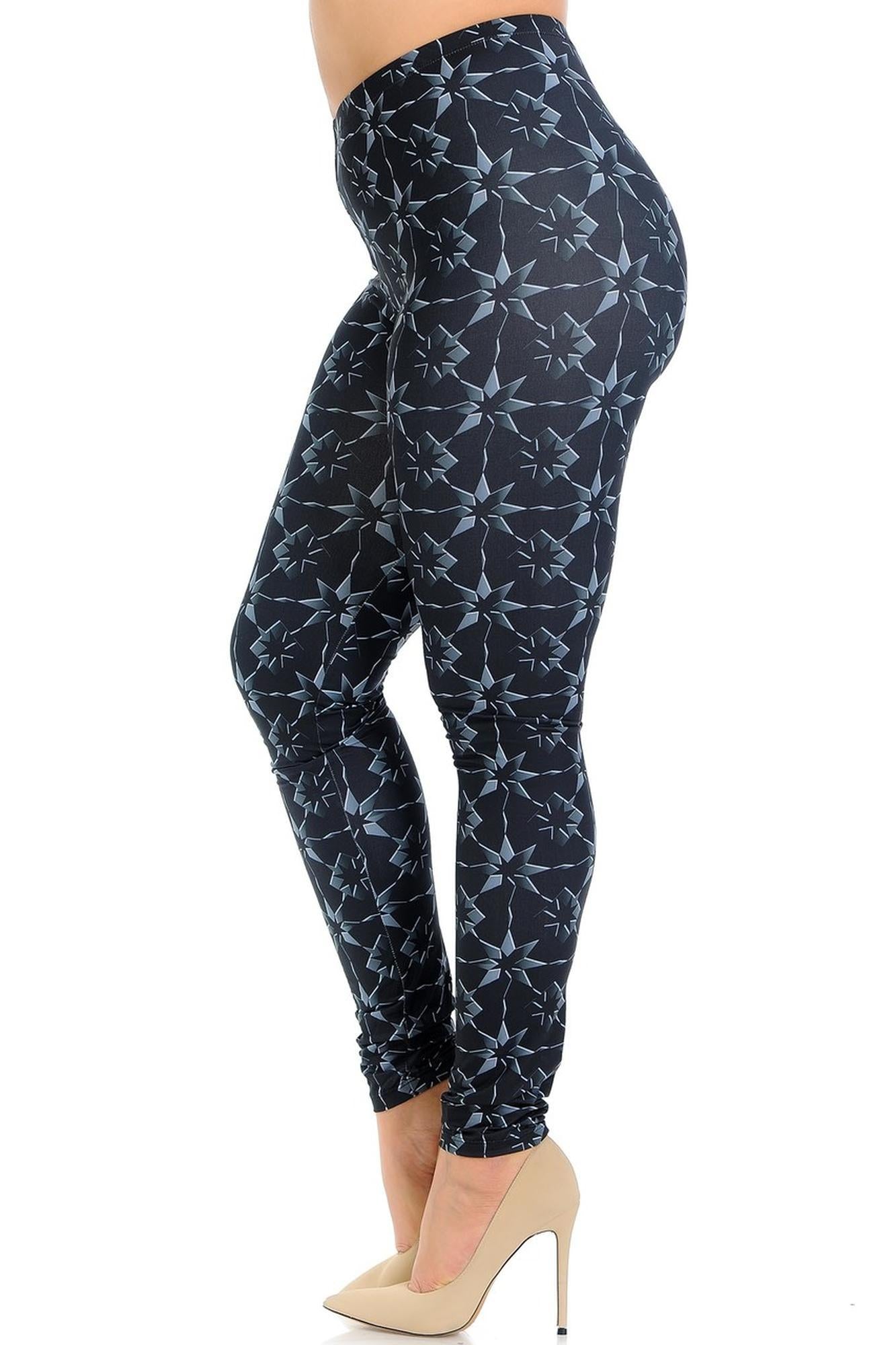 Plus Size - Creamy Soft Women's Laser Print Skin Smoothing Fashion Print Leggings - Metallic Stars