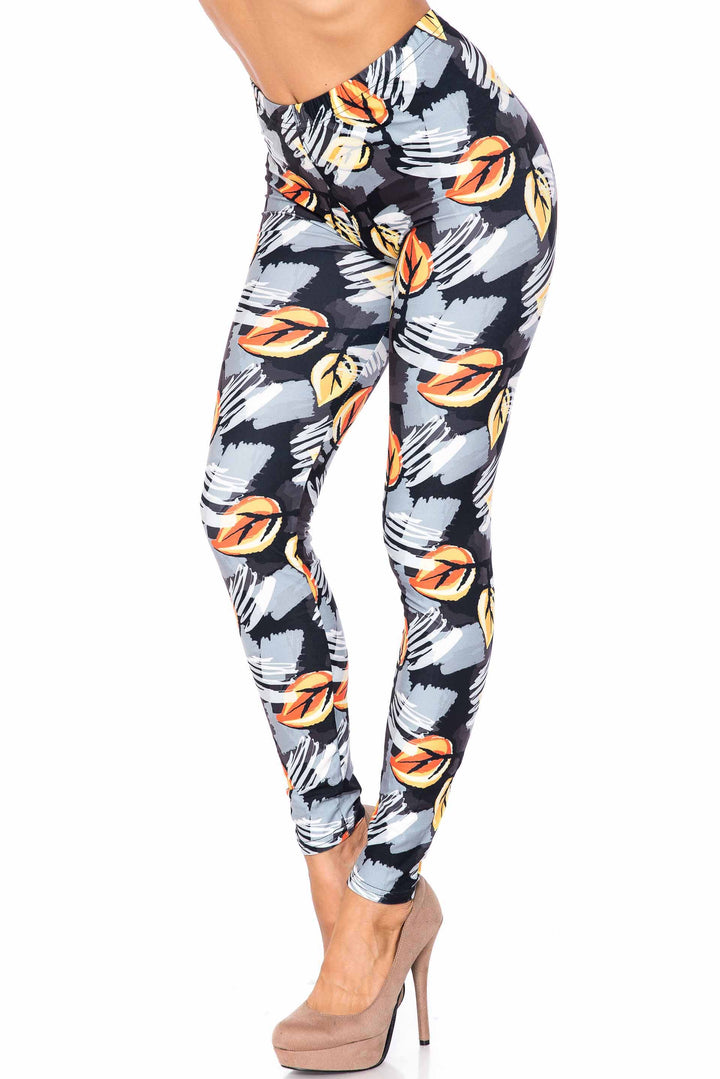 Creamy Soft Premium Women's Leggings Orange Leaf Breeze Plus Size, High Rise, Stretchy & Breathable, Comfortable Fit - by USA Fashion