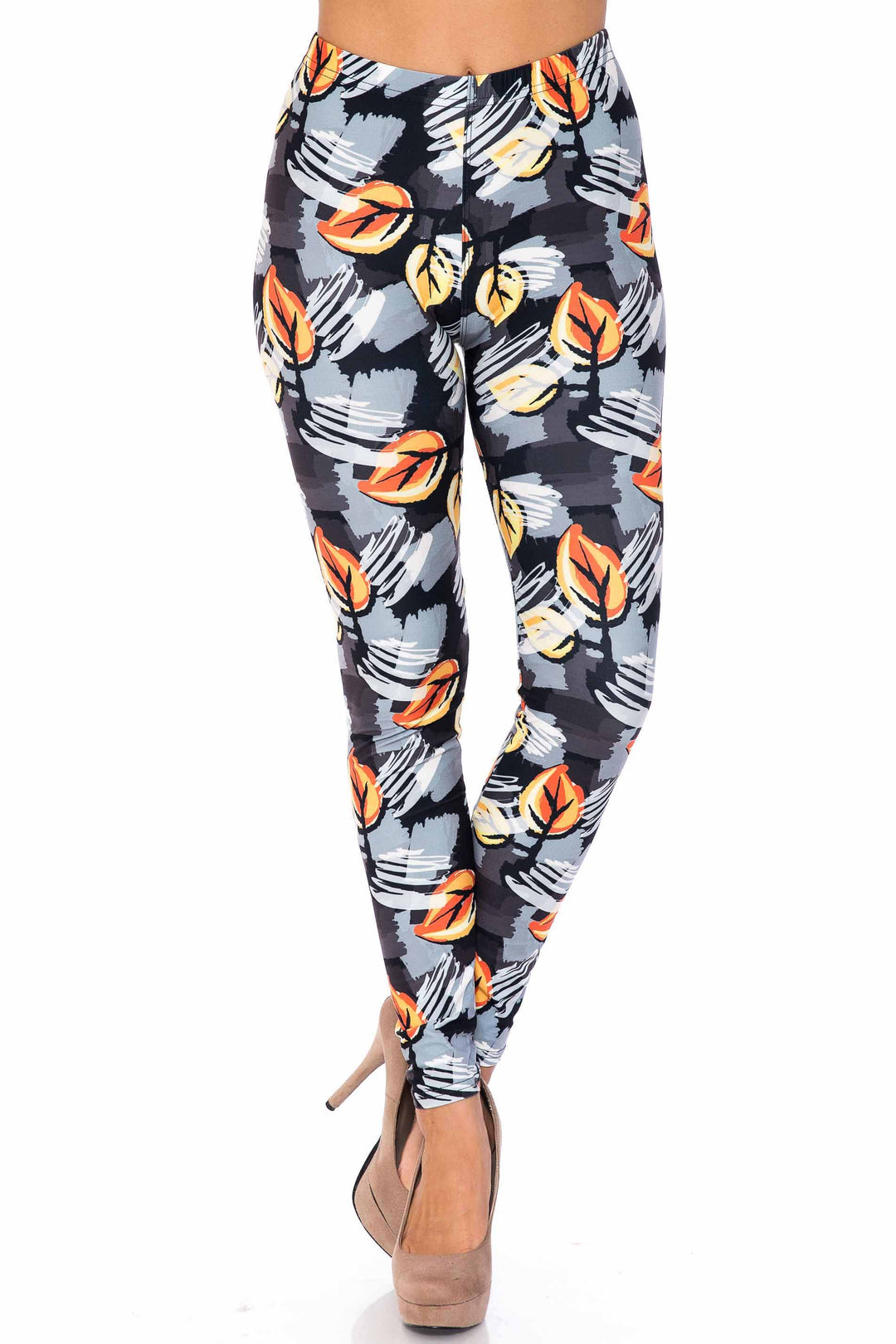 Creamy Soft Premium Women's Leggings Orange Leaf Breeze Plus Size, High Rise, Stretchy & Breathable, Comfortable Fit - by USA Fashion