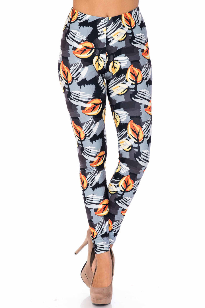 Creamy Soft Premium Women's Leggings Orange Leaf Breeze Plus Size, High Rise, Stretchy & Breathable, Comfortable Fit - by USA Fashion