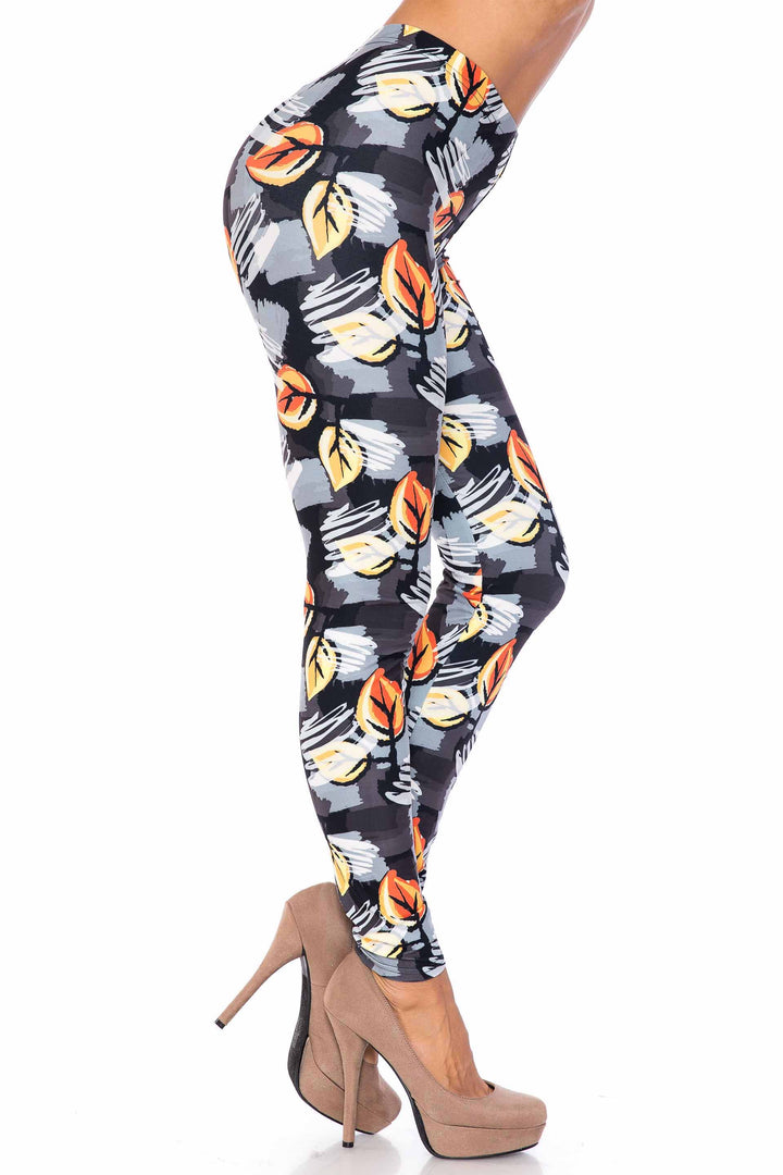 Creamy Soft Premium Women's Leggings Orange Leaf Breeze Plus Size, High Rise, Stretchy & Breathable, Comfortable Fit - by USA Fashion