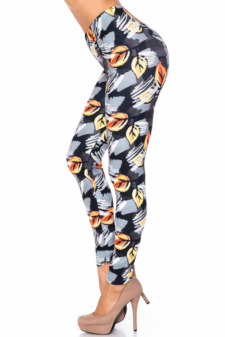 Creamy Soft Premium Women's Leggings Orange Leaf Breeze Plus Size, High Rise, Stretchy & Breathable, Comfortable Fit - by USA Fashion
