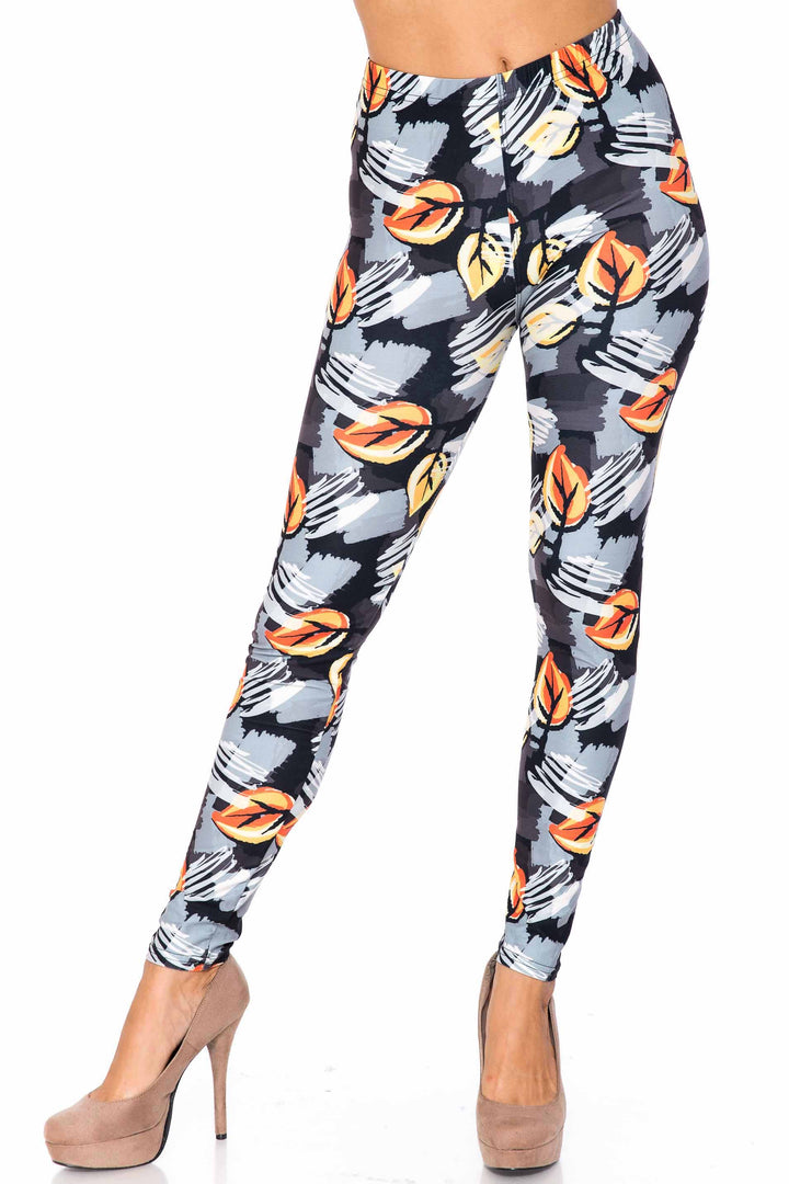 Creamy Soft Premium Women's Leggings Orange Leaf Breeze Plus Size, High Rise, Stretchy & Breathable, Comfortable Fit - by USA Fashion