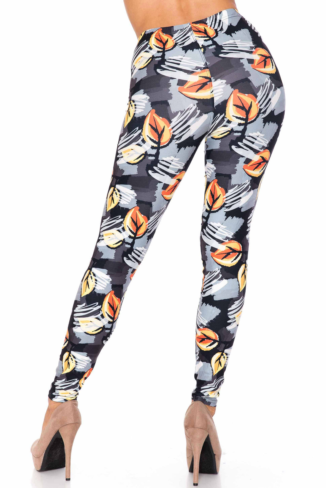 Creamy Soft Premium Women's Leggings Orange Leaf Breeze Plus Size, High Rise, Stretchy & Breathable, Comfortable Fit - by USA Fashion
