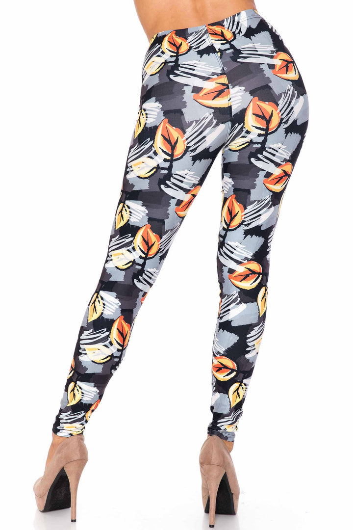 Creamy Soft Premium Women's Leggings Orange Leaf Breeze Plus Size, High Rise, Stretchy & Breathable, Comfortable Fit - by USA Fashion