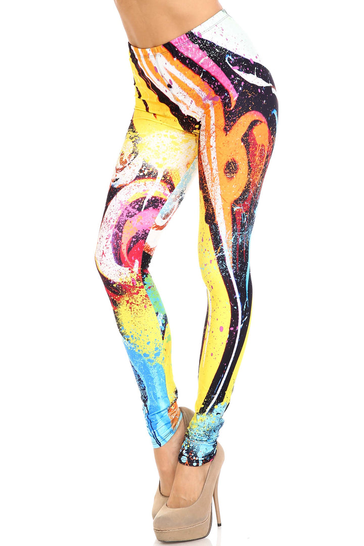 Plus Size - Creamy Soft Women's Laser Print Skin Smoothing Fashion Print Leggings - Colorful Paint Strokes