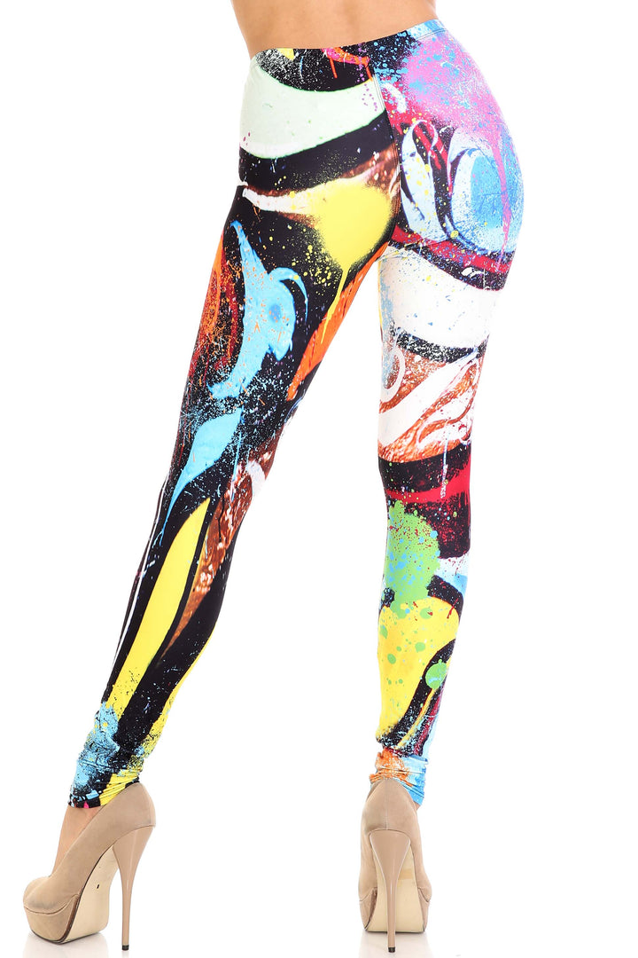 Plus Size - Creamy Soft Women's Laser Print Skin Smoothing Fashion Print Leggings - Colorful Paint Strokes