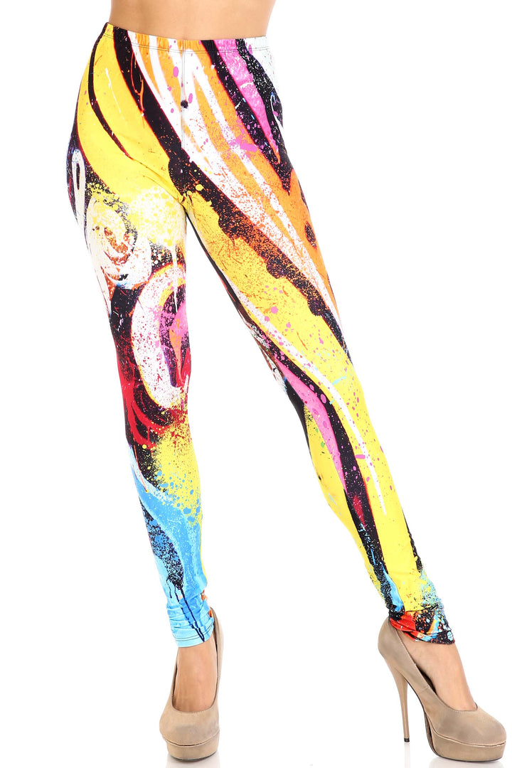 Plus Size - Creamy Soft Women's Laser Print Skin Smoothing Fashion Print Leggings - Colorful Paint Strokes