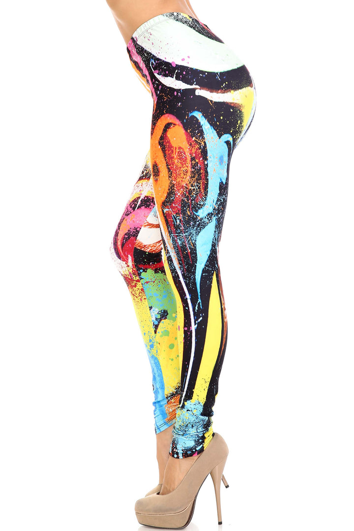 Plus Size - Creamy Soft Women's Laser Print Skin Smoothing Fashion Print Leggings - Colorful Paint Strokes