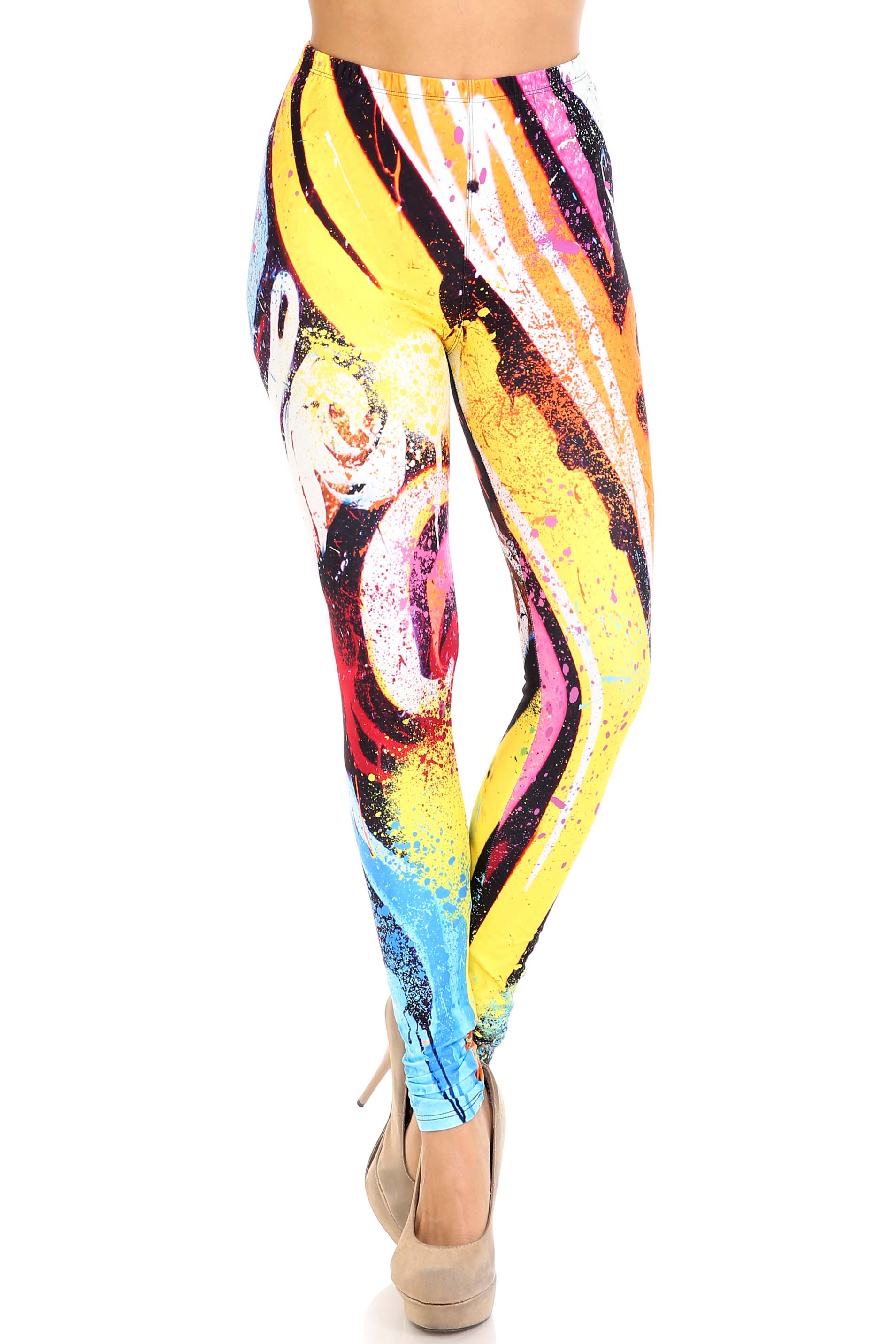 Plus Size - Creamy Soft Women's Laser Print Skin Smoothing Fashion Print Leggings - Colorful Paint Strokes