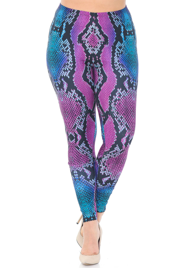 Creamy Soft Premium Women's Leggings Pink and Blue Snakeskin Plus Size, High Rise, Stretchy & Breathable, Comfortable Fit - by USA Fashion