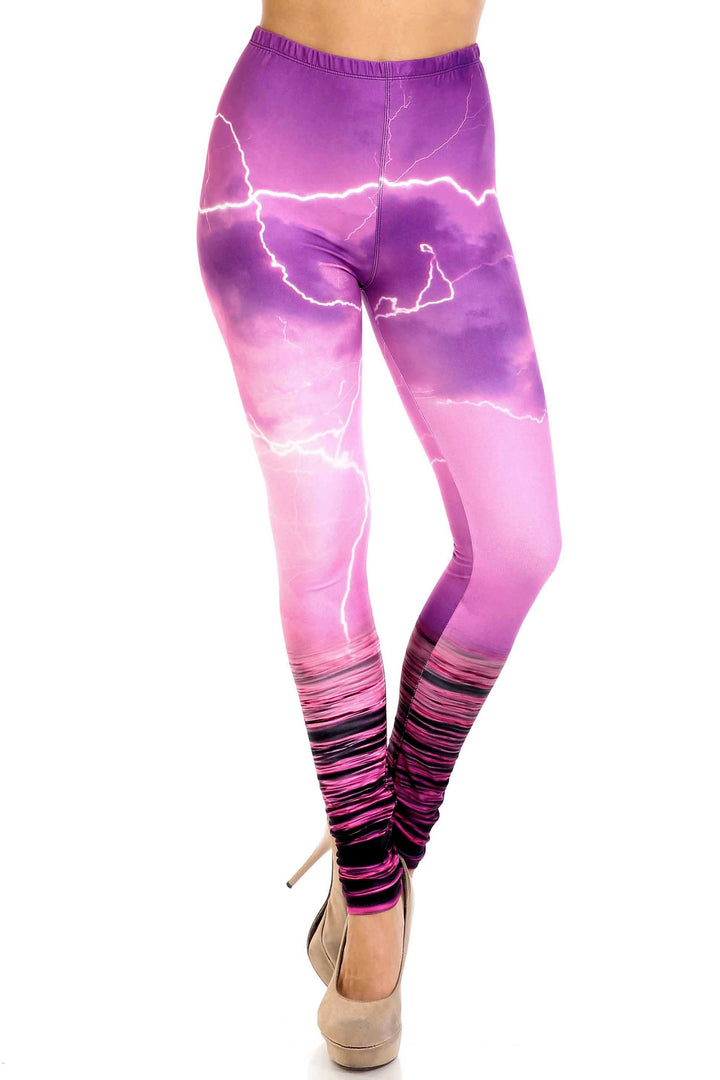 Plus Size - Creamy Soft Women's Laser Print Skin Smoothing Fashion Print Leggings - Pink Lightning Storm