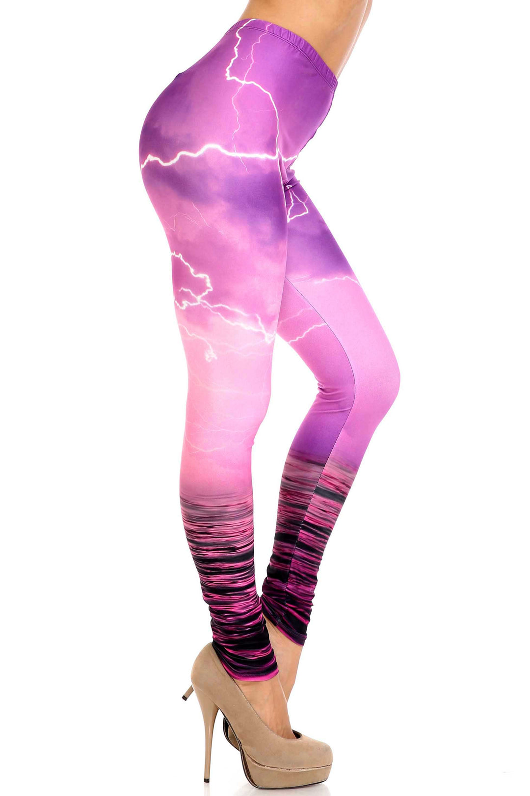 Plus Size - Creamy Soft Women's Laser Print Skin Smoothing Fashion Print Leggings - Pink Lightning Storm