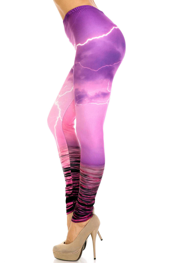 Plus Size - Creamy Soft Women's Laser Print Skin Smoothing Fashion Print Leggings - Pink Lightning Storm