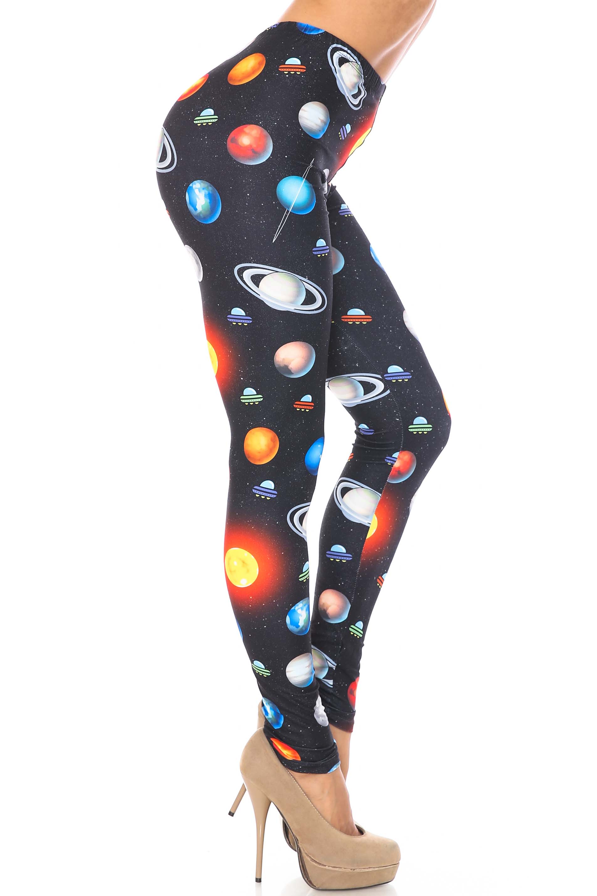 Plus Size - Creamy Soft Women's Laser Print Skin Smoothing Fashion Print Leggings - Galaxy Planets